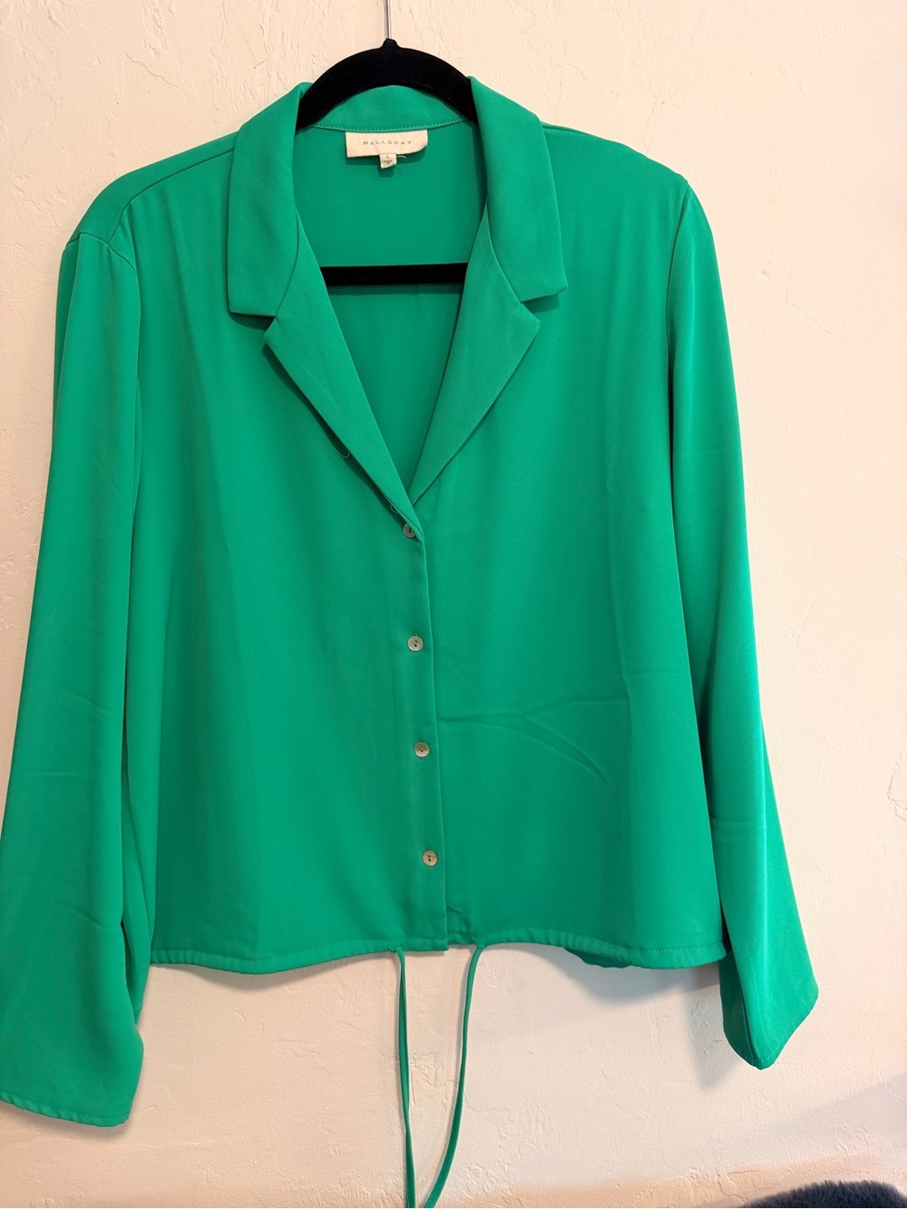 MELLODAY Bright Green Button-Down Drawstring Blouse